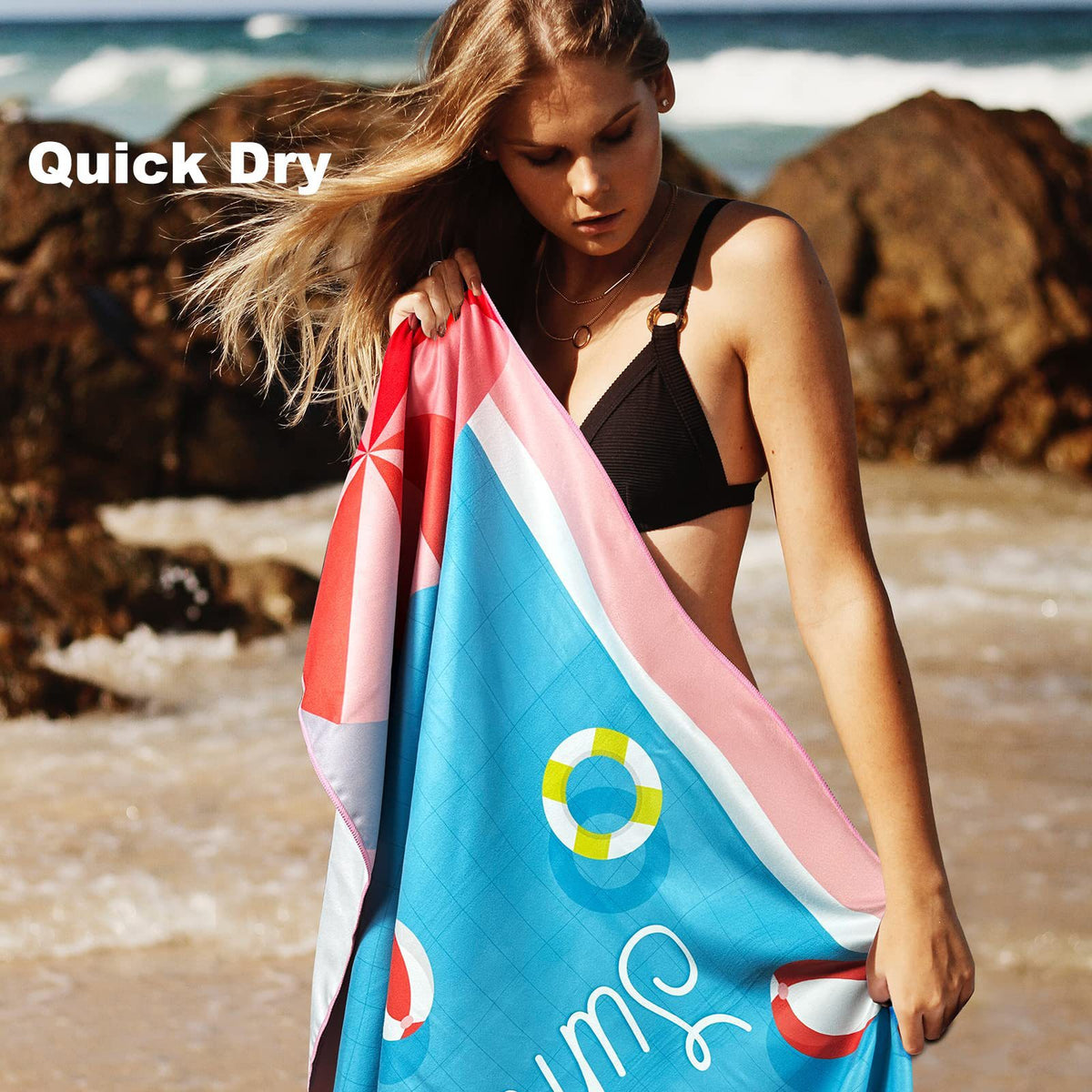 Sand Free Microfibre Beach Towel - Pink Flamingo "Summer" Print Quick Dry Travel Towel 70x150cm(200GSM) - Lightweight Absorbent Bath Sheet for Pool & Holiday