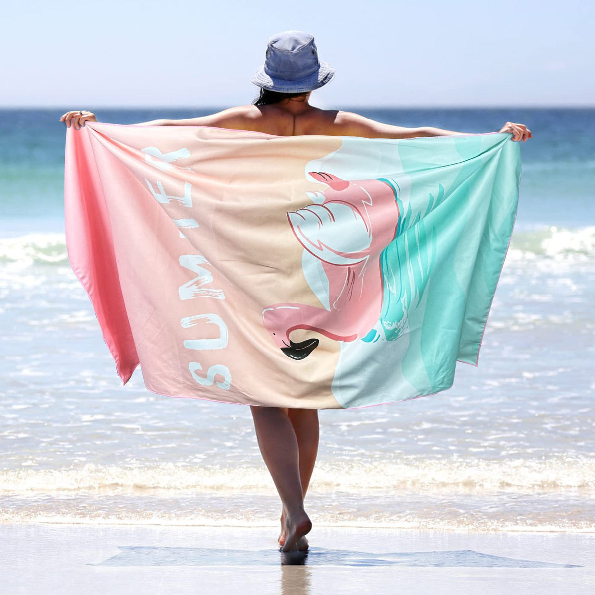 Sand Free Microfibre Beach Towel - Pink Flamingo "Summer" Print Quick Dry Travel Towel 80x160cm - Lightweight Absorbent Bath Sheet for Pool &amp; Holiday