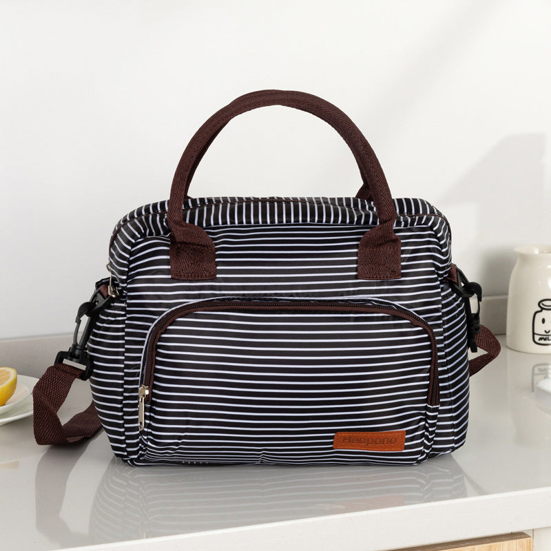 Large Insulated Lunch Bag with Shoulder Strap - Black and White Stripe Thermal Cooler Tote for Work, School or Beach Picnics - Waterproof 600D Oxford Fabric