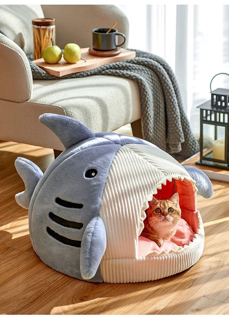 Novelty Shark Pet Cave Bed Enclosed Cozy Sleeping Nest for Cats and Small Dogs Soft Flannel Year Round Comfort Light Blue L Size