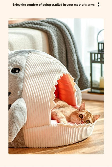 Novelty Shark Pet Cave Bed Enclosed Cozy Sleeping Nest for Cats and Small Dogs Soft Flannel Year Round Comfort Light Gray L Size