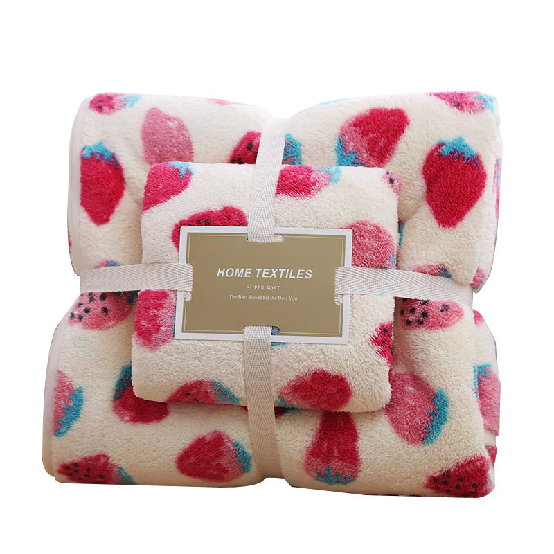 2 Pack Strawberry Coral Fleece Bath Towel Set - Ultra Soft Absorbent Microfibre Bathroom Towels with Hanging Loop - 70x140cm &amp; 35x75cm