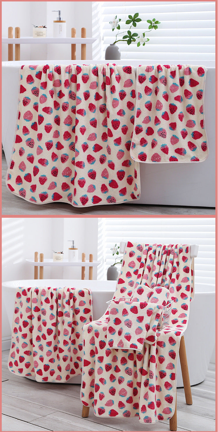 2 Pack Strawberry Coral Fleece Bath Towel Set - Ultra Soft Absorbent Microfibre Bathroom Towels with Hanging Loop - 70x140cm & 35x75cm