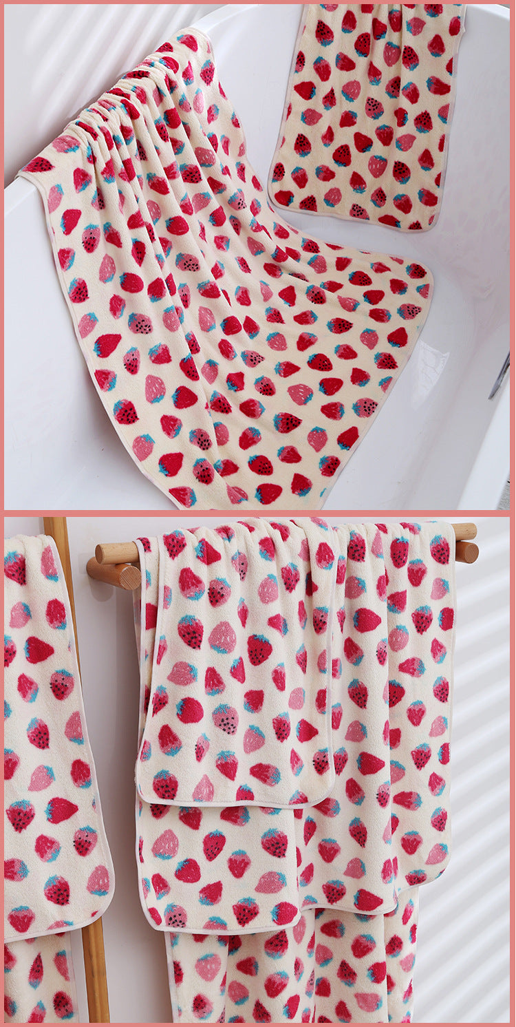 2 Pack Strawberry Coral Fleece Bath Towel Set - Ultra Soft Absorbent Microfibre Bathroom Towels with Hanging Loop - 70x140cm & 35x75cm