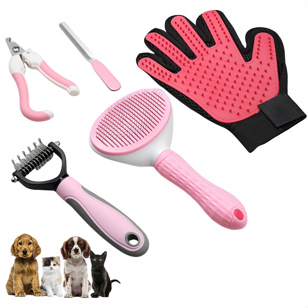 5-in-1 Pet Grooming Kit Pink - Stainless Steel Deshedding Rake, Self-Cleaning Slicker Brush, Grooming Glove &amp; Nail Trimmer Set for Dogs &amp; Cats