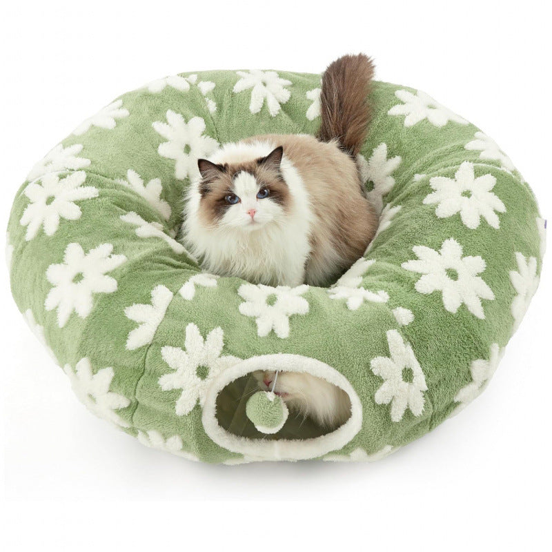 2-in-1 Cat Tunnel Bed Blue Daisy 80cm - Plush Donut Pet Cave & Play Tube - Detachable Washable Cushion & Interactive Hanging Toy for Indoor Cats