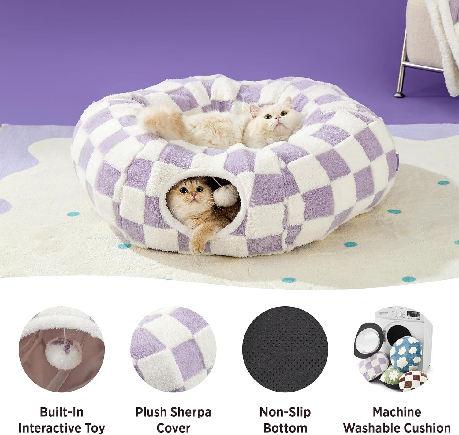 2-in-1 Cat Tunnel Bed Blue Daisy 80cm - Plush Donut Pet Cave & Play Tube - Detachable Washable Cushion & Interactive Hanging Toy for Indoor Cats