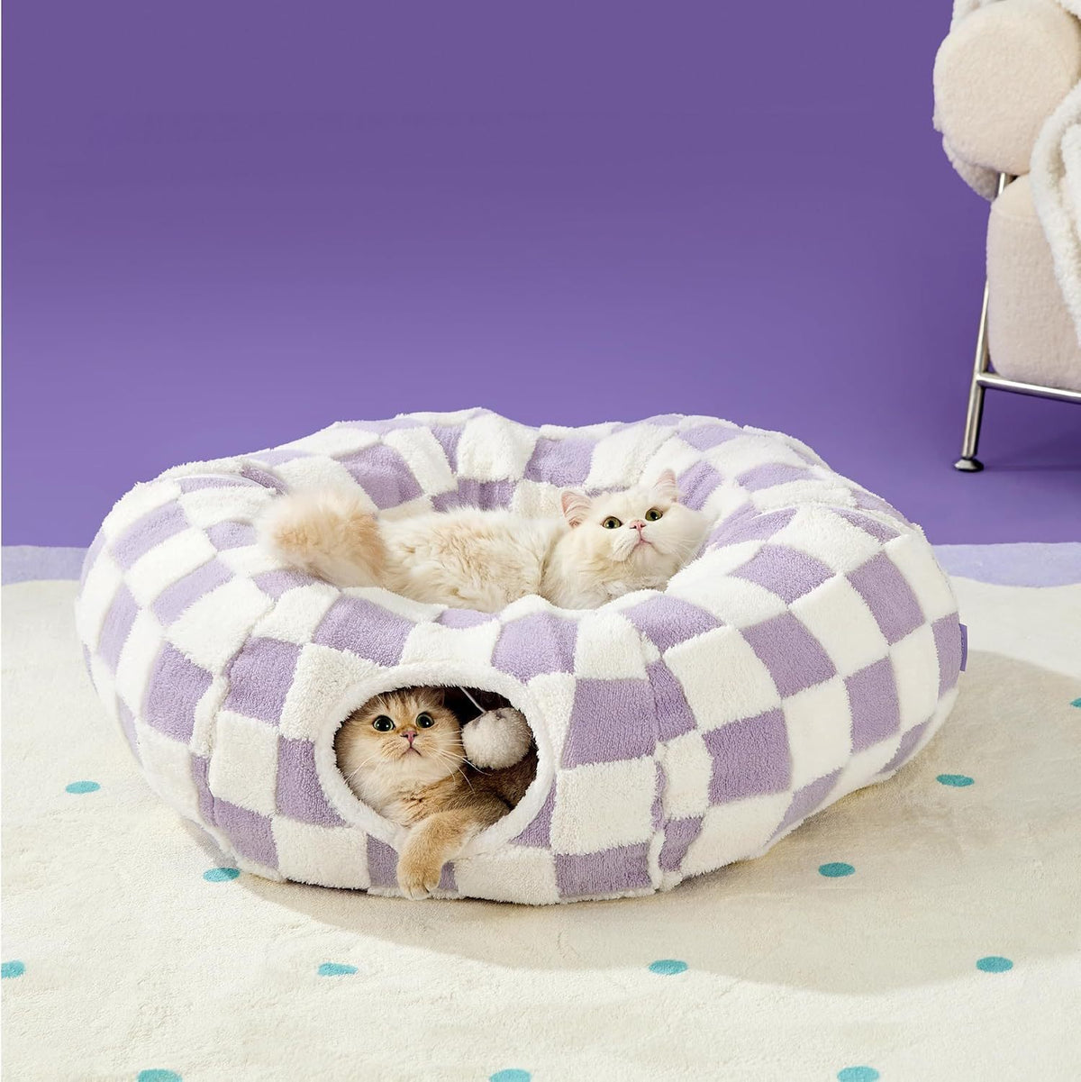 2-in-1 Cat Tunnel Bed Purple Daisy 80cm - Plush Donut Pet Cave &amp; Play Tube - Detachable Washable Cushion &amp; Interactive Hanging Toy for Indoor Cats