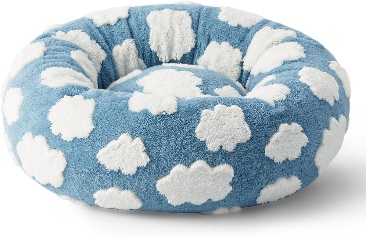 50cm Round Pet Bed Blue Sky &amp; Clouds Design - Soft Plush Donut Cuddler for Small Dogs &amp; Cats - Calming Anxiety Relief &amp; All-Season Comfort
