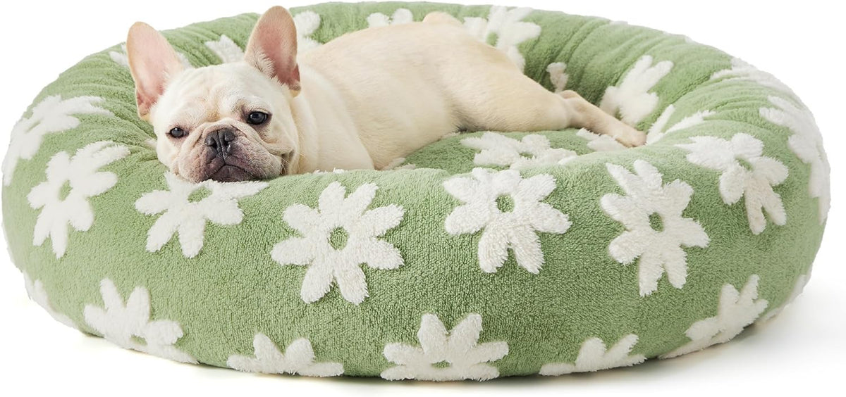 50cm Round Pet Bed Green Daisy Design - Soft Plush Donut Cuddler for Small Dogs &amp; Cats - Calming Anxiety Relief &amp; All-Season Comfort