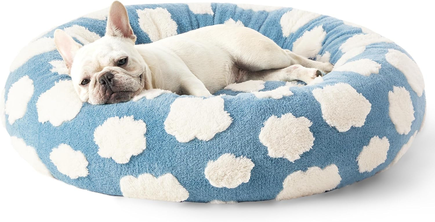 50cm Round Pet Bed Brown & White Checkerboard - Soft Plush Donut Cuddler for Small Dogs & Cats - Calming Anxiety Relief & All-Season Comfort