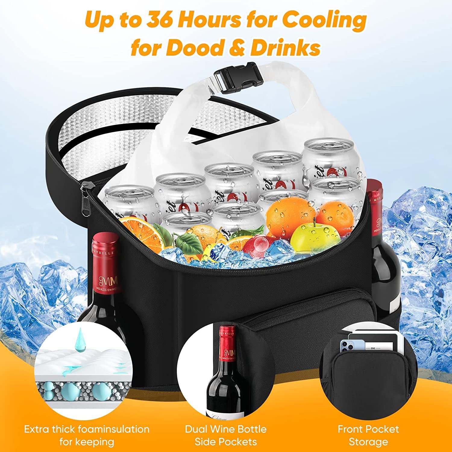 Large 45 Can Insulated Cooler Backpack for Picnic, Beach, and Camping in Australia - 36H Cooling, Waterproof Oxford Cloth, Black