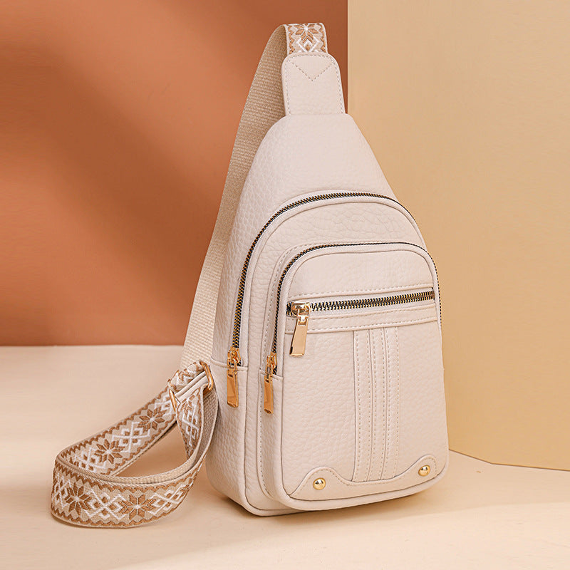Women's Soft PU Leather Sling Bag Crossbody Chest Purse with Adjustable Boho Strap - Lightweight Multi-Pocket Shoulder Daypack for Travel &amp; Daily Use - White