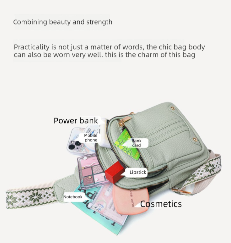 Women's Soft PU Leather Sling Bag Crossbody Chest Purse with Adjustable Boho Strap - Lightweight Multi-Pocket Shoulder Daypack for Travel & Daily Use - Khaki
