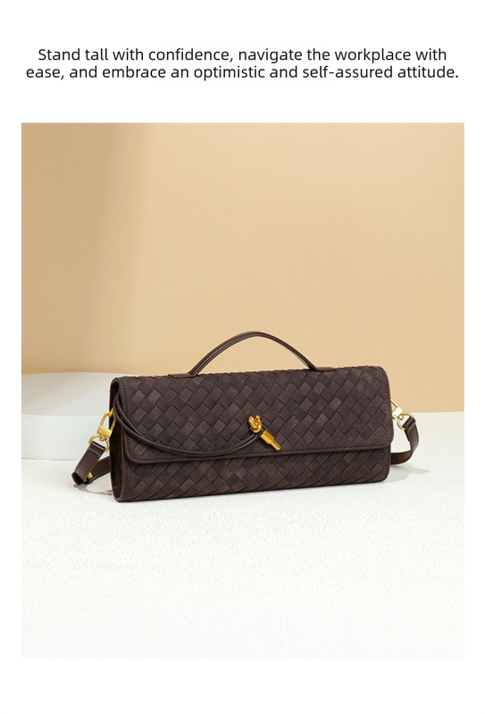 Retro Woven Baguette Handbag for Women Suede Texture PU Leather Shoulder Crossbody Bag Elegant Evening Clutch Coffee Brown