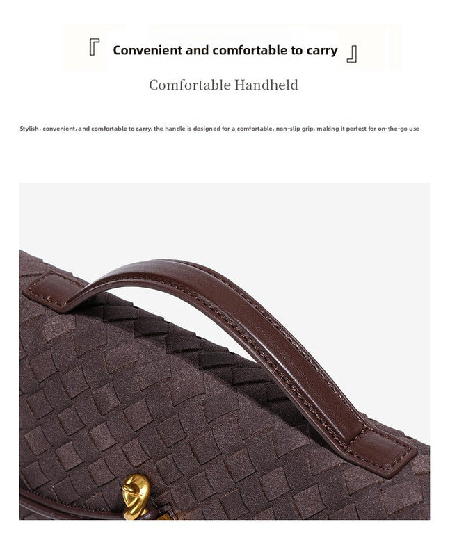 Retro Woven Baguette Handbag for Women Suede Texture PU Leather Shoulder Crossbody Bag Elegant Evening Clutch Pine Tea Color