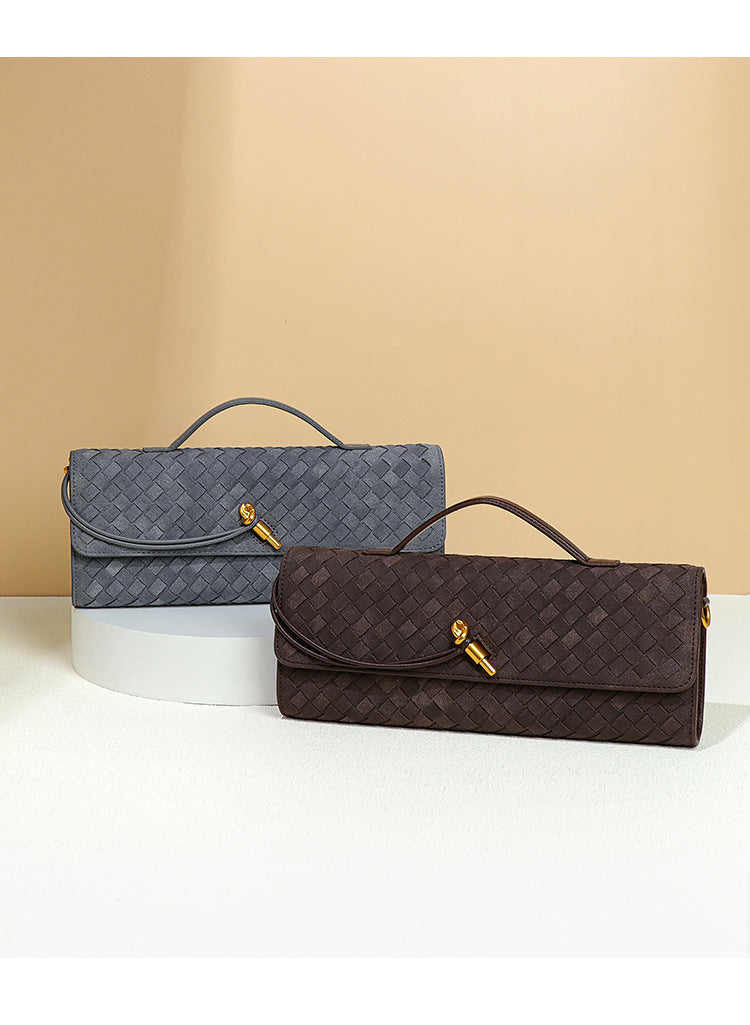 Retro Woven Baguette Handbag for Women Suede Texture PU Leather Shoulder Crossbody Bag Elegant Evening Clutch Olive green
