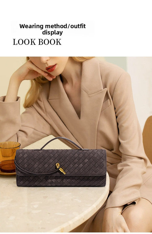 Retro Woven Baguette Handbag for Women Suede Texture PU Leather Shoulder Crossbody Bag Elegant Evening Clutch Brown
