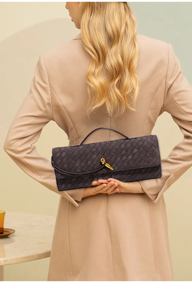 Retro Woven Baguette Handbag for Women Suede Texture PU Leather Shoulder Crossbody Bag Elegant Evening Clutch Brown
