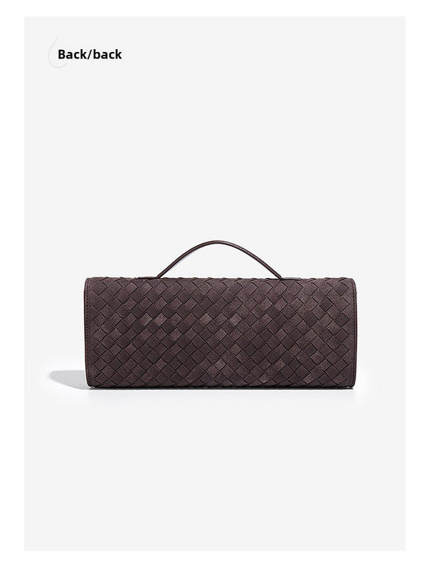 Retro Woven Baguette Handbag for Women Suede Texture PU Leather Shoulder Crossbody Bag Elegant Evening Clutch Brown