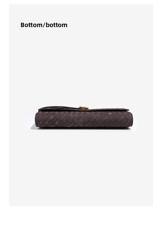 Retro Woven Baguette Handbag for Women Suede Texture PU Leather Shoulder Crossbody Bag Elegant Evening Clutch Brown
