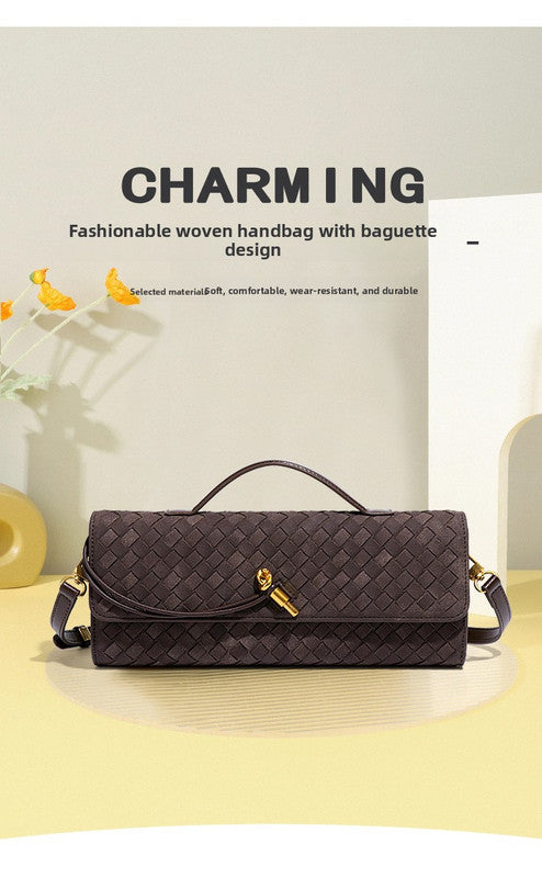 Retro Woven Baguette Handbag for Women Suede Texture PU Leather Shoulder Crossbody Bag Elegant Evening Clutch Khaki