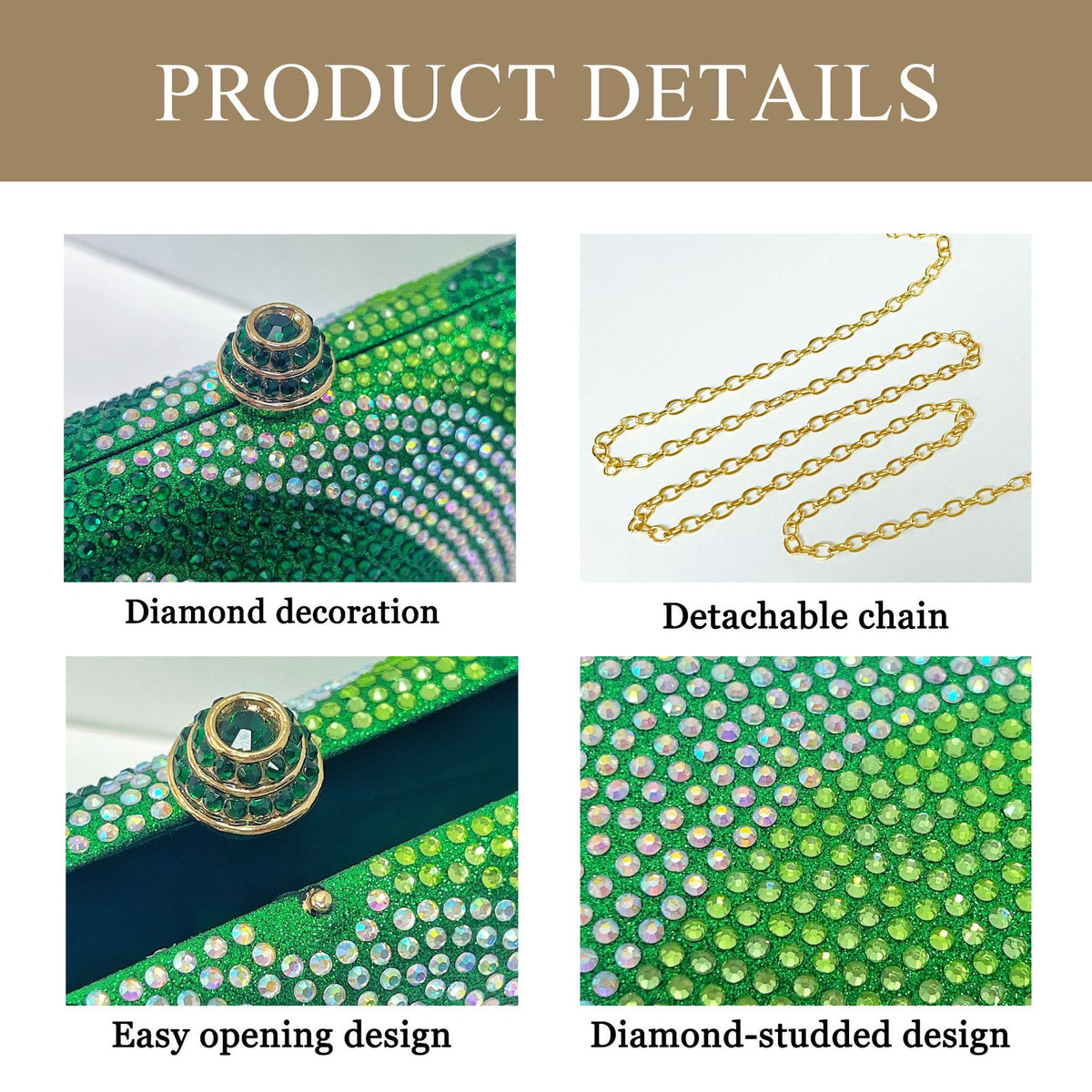 Luxury Green Rhinestone Evening Clutch Bag Women Crystal Sparkle Formal Purse with Chain Strap for Wedding Party Prom
