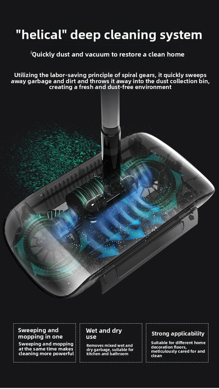 2-in-1 Manual Push Sweeper & Mop with Three Original Clothes - Handheld Floor Cleaner with Sealed Dustbin - Lightweight Cordless Design for Hardwood, Tile, and Marble Floors - Blue