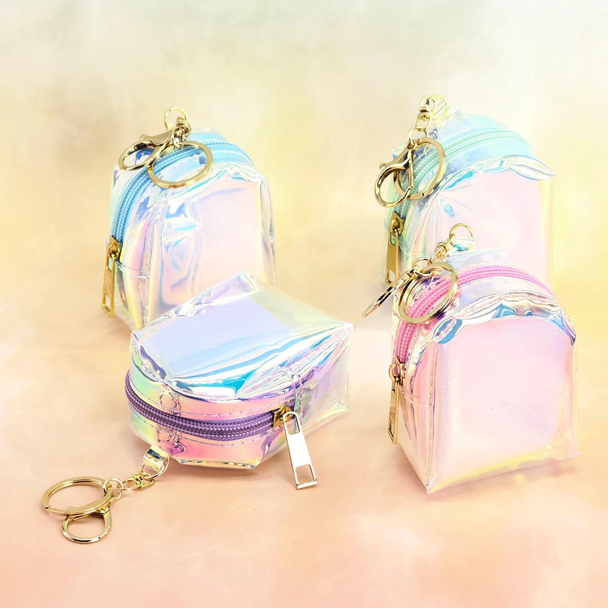 4 PCS Holographic Mini Backpack Coin Purses - Iridescent TPU Keyring Pouch - Small Waterproof Storage for Earbuds, Keys &amp; Lipstick - Cute Bag Charm Accessory