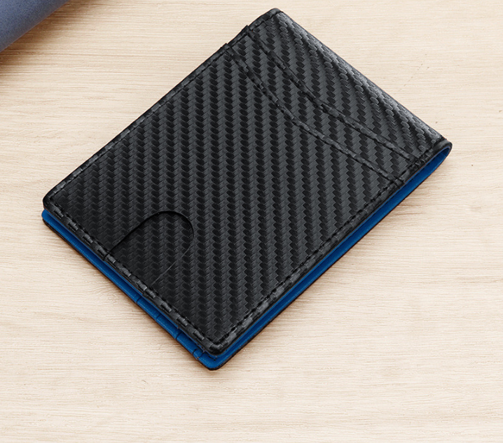 RFID Blocking Slim Bifold Wallet for Men - Carbon Fiber Texture PU Leather Card Holder with ID Window - Minimalist Front Pocket Purse - Blue