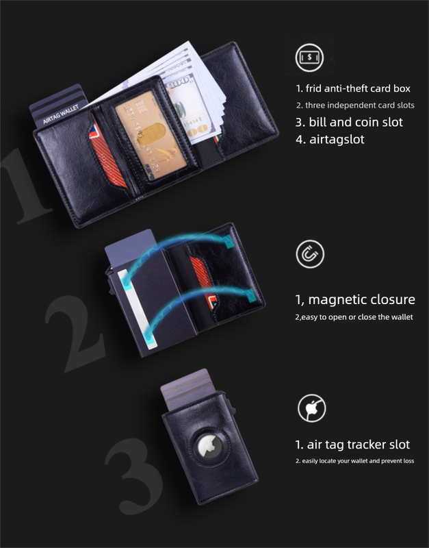 RFID Blocking Pop-Up Card Wallet with AirTag Holder - Automatic Slider Aluminium Smart Case with Cash Compartment - Slim Minimalist Coffee Brown Leather Design (AirTag Not Included)