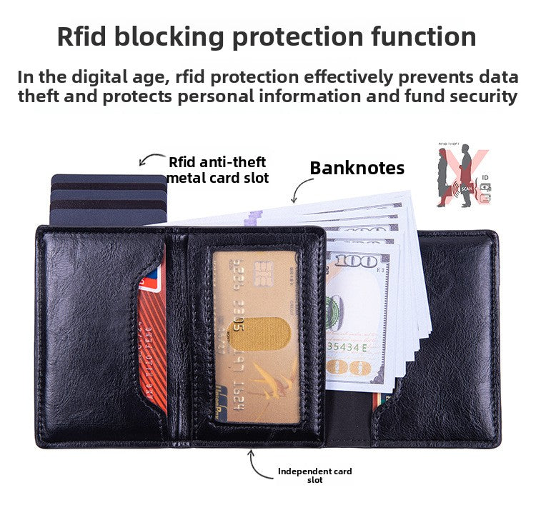 RFID Blocking Pop-Up Card Wallet with AirTag Holder - Automatic Slider Aluminium Smart Case with Cash Compartment - Slim Minimalist Coffee Brown Leather Design (AirTag Not Included)