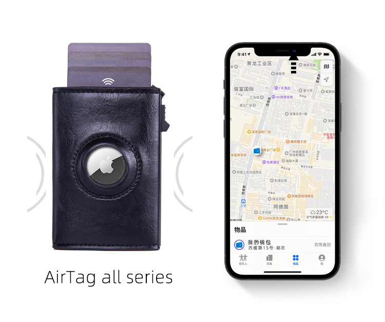 RFID Blocking Pop-Up Card Wallet with AirTag Holder - Automatic Slider Aluminium Smart Case with Cash Compartment - Slim Minimalist Apricot Leather Design (AirTag Not Included)