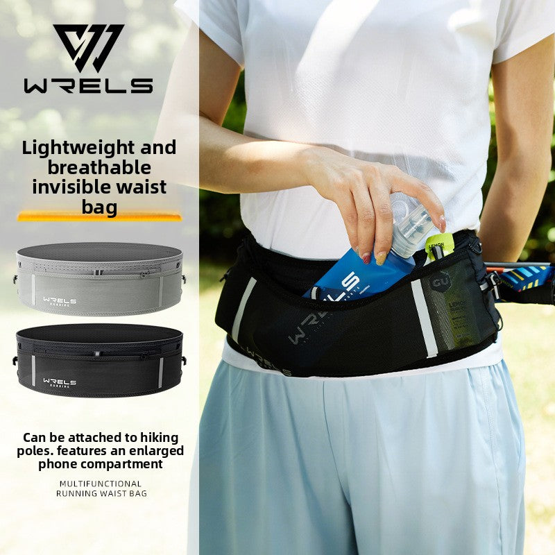 WRELS Trail Running Waist Belt - Lightweight Mesh Hydration Pack with Trekking Pole Holder - Anti-Bounce Phone Storage for Marathon & Hiking - Gray Size L (85-110cm)