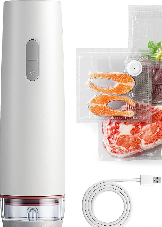 Portable Handheld Vacuum Sealer - Wireless Rechargeable Food Saver Pump - Compact Electric Kitchen Gadget for Meal Prep &amp; Sous Vide - White