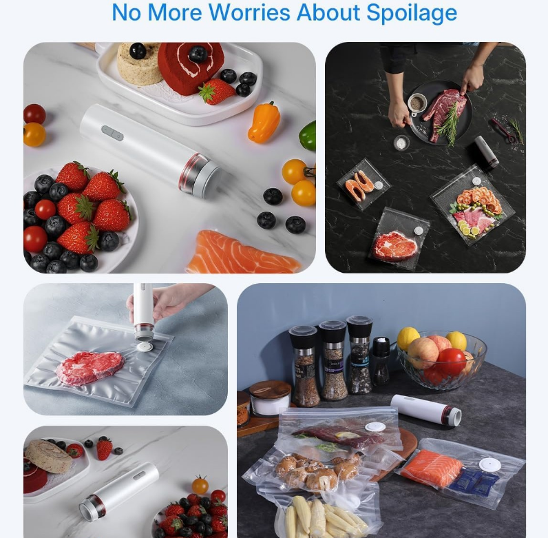 Portable Handheld Vacuum Sealer - Wireless Rechargeable Food Saver Pump - Compact Electric Kitchen Gadget for Meal Prep & Sous Vide - White