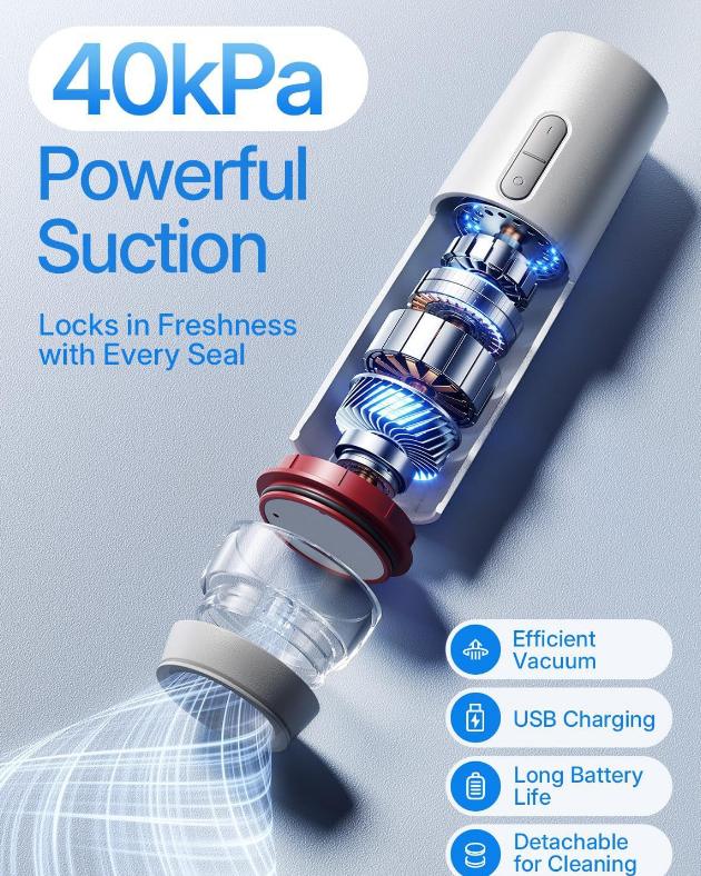 Portable Handheld Vacuum Sealer - Wireless Rechargeable Food Saver Pump - Compact Electric Kitchen Gadget for Meal Prep & Sous Vide - White