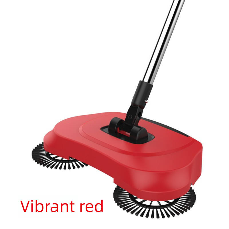 3-in-1 Hand Push Floor Sweeper - Manual Spinning Broom, Dustpan &amp; Mop Combo - Silent Non-Electric Cleaning for Hardwood &amp; Tiles - Vitality Red