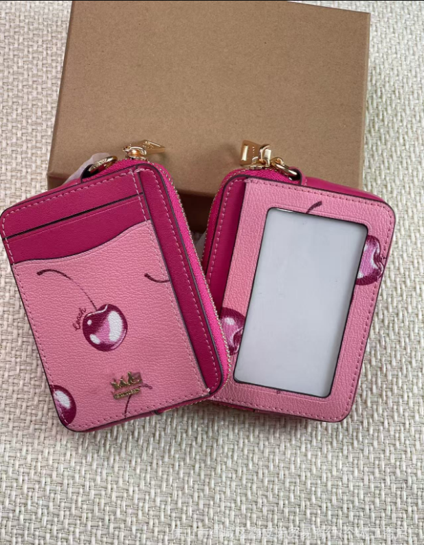 2 Pack Mini Zip Card Holder & Coin Purse with Keychain - Split Leather ID Wallet - Coffee Red Monogram & Pink Cherry Print - Compact Travel Pouch for Women & Girls