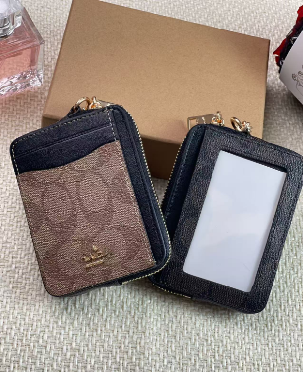 2 Pack Women's Leather Zip Card Holder & Coin Purse with Keychain - Brown Monogram & Pebble Grey - Compact ID Wallet for Travel & Commuting