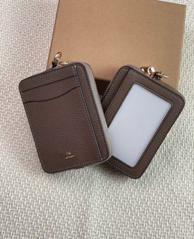 2 Pack Women's Leather Zip Card Holder & Coin Purse with Keychain - Brown Monogram & Pebble Grey - Compact ID Wallet for Travel & Commuting