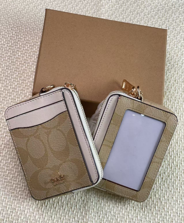 2 Pack Women's Mini Zip Card Holder & Coin Purse with Keychain - Signature Beige & Classic Brown Monogram - Compact ID Wallet for Travel & Commuting