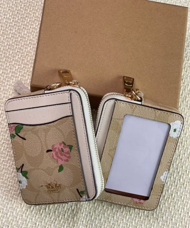 2 Pack Women's Zip Card Holder &amp; Coin Purse with Keychain - Vintage Rose Floral &amp; Signature Coffee Brown - Compact ID Wallet for Travel &amp; Daily Use
