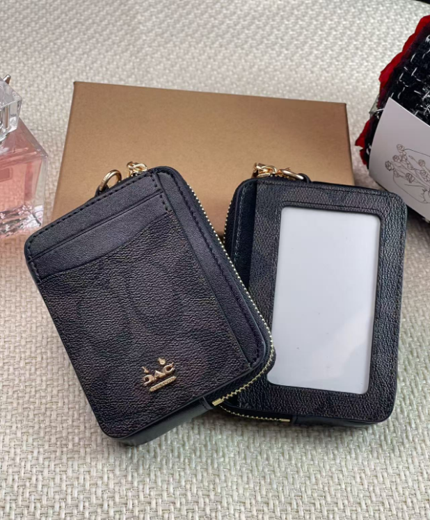 2 Pack Women's Zip Card Holder & Coin Purse with Keychain - Vintage Rose Floral & Signature Coffee Brown - Compact ID Wallet for Travel & Daily Use