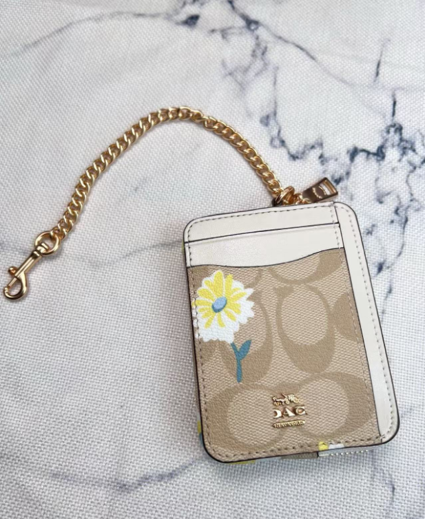 2 Pack Women's Mini Zip Card Holder & Coin Purse with Keychain - Signature Coffee Brown & Daisy Floral Print - Compact ID Wallet for Travel & Daily Use