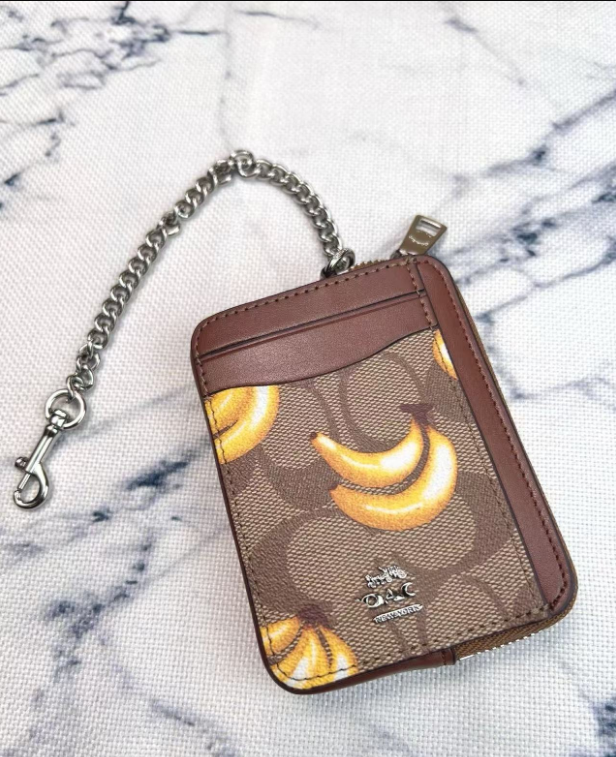 2 Pack Women's Mini Zip Card Holder &amp; Coin Purse with Keychain - Signature Banana &amp; Red Cherry Print - Cute Compact ID Wallet for Summer &amp; Travel