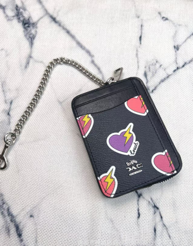 2 Pack Women's Mini Zip Card Holder & Coin Purse with Keychain - White Peach Blossom & Black Electric Heart Print - Compact ID Wallet for Daily Use