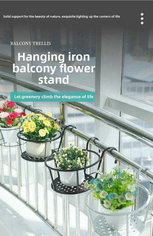 Hanging Flower Pot Holder Metal Balcony Railing Planter Basket Round Iron Rack with Mesh Bottom Fits up to 6cm Rail for Fence & Patio White