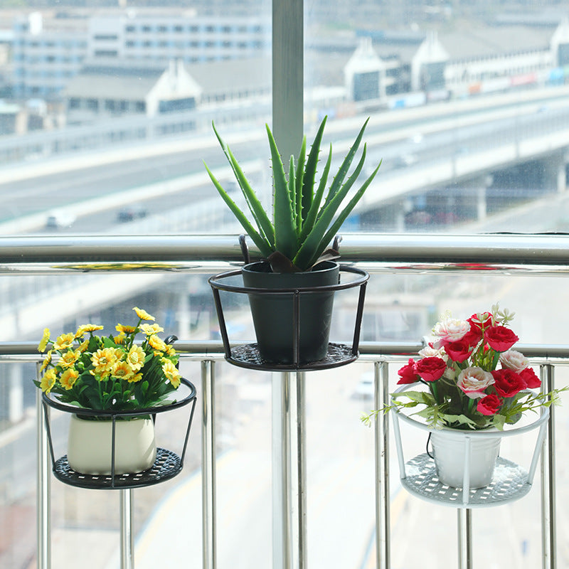 Hanging Flower Pot Holder Metal Balcony Railing Planter Basket Round Iron Rack with Mesh Bottom Fits up to 6cm Rail for Fence & Patio Brown