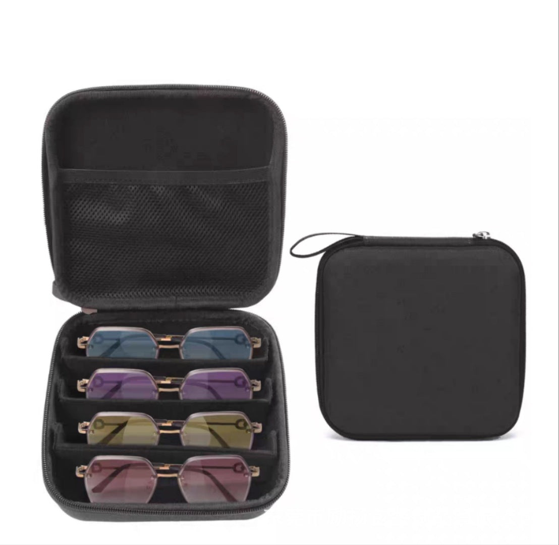 Portable 4-Slot Sunglasses Organiser Case Hard Shell EVA Storage Box Large Capacity Travel Holder with Mesh Pocket Black